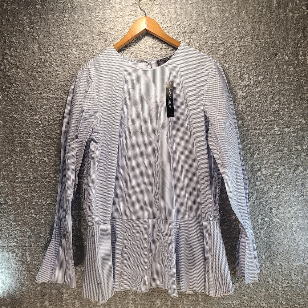 Antonio Melani Large Striped Blouse‎ Back Snap Buttons Flare Cuff Peplum NWT